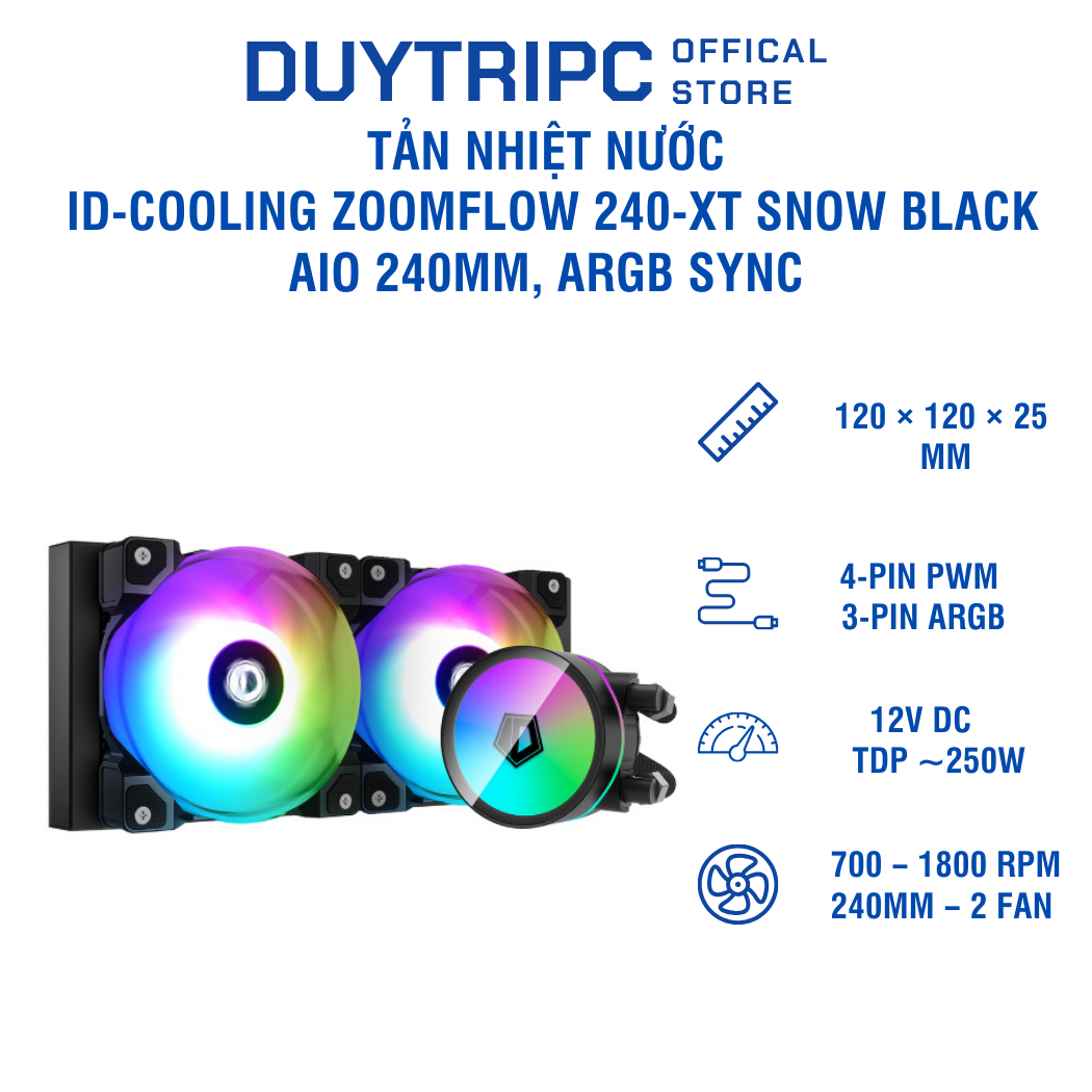Tản nhiệt nước ID-Cooling ZOOMFLOW 240-XT Snow Black | AIO 240mm, ARGB Sync, màu đen mạnh mẽ